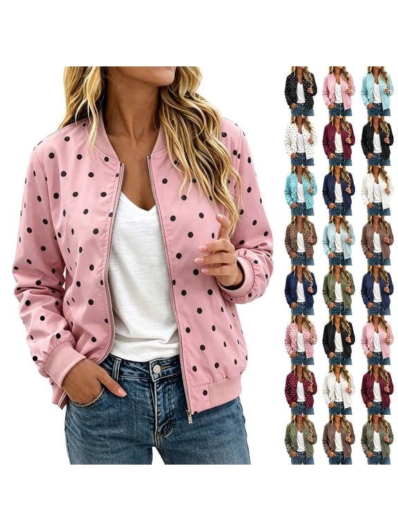 Jackets for Women Fall Long Sleeve Zip Up Lightweight Jacket Trendy Casual Polka Dot Coats with Pockets