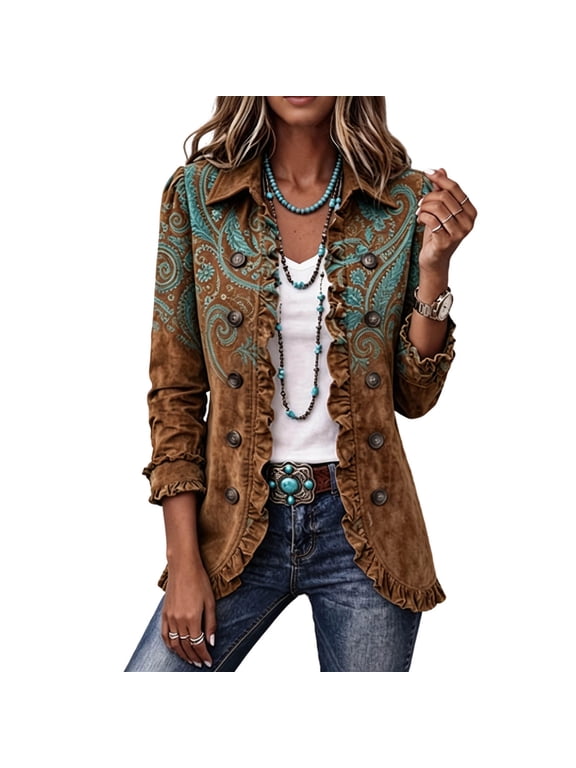 Jackets for Women Vintage Boho Print Ruffle Jacket Trendy Loose Lapel Long Sleeve Button Jacket Coat, S-5XL