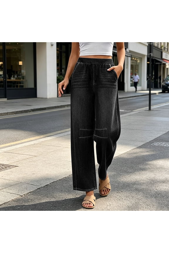 Jeans for Women Solid Loose Pull On Classic Distressed Work Casual Jeans Elastic High Waisted Wide Leg Jeans with Pockets