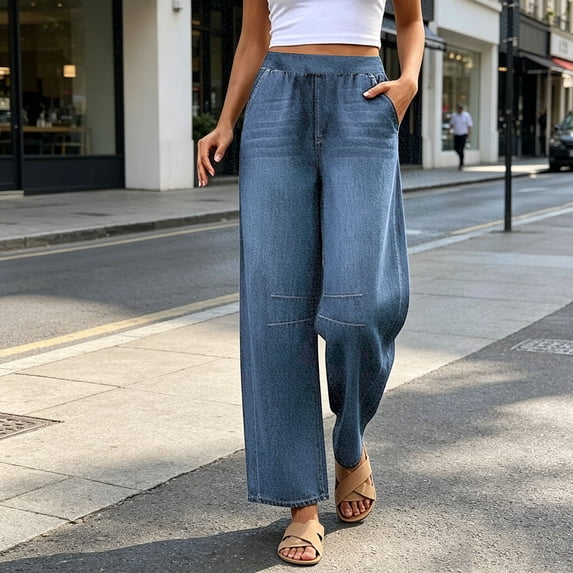 Hvogkswy Jeans for Women Solid Loose Pull On Classic Distressed Work Casual Jeans Elastic High Waisted Wide Leg Jeans with Pockets