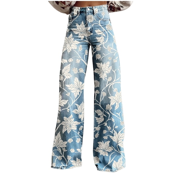 Hvogkswy Jeans for Women Trendy Wide Leg Boho Floral Printed Jeans with Pockets Stretch Vintage Denim Pants S-5XL