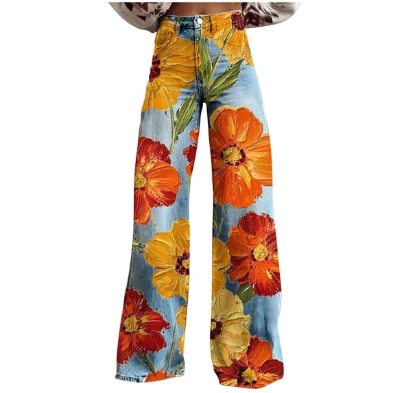 Hvogkswy Jeans for Women Trendy Wide Leg Boho Floral Printed Jeans with Pockets Stretch Vintage Denim Pants S-5XL