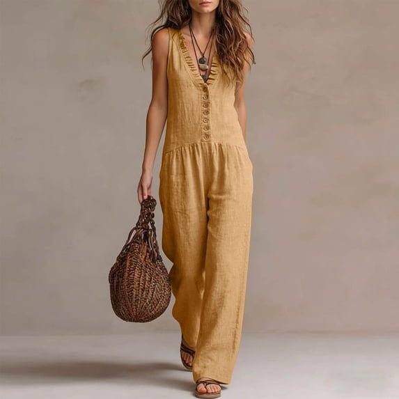 Hvogkswy Linen Jumpsuits for Women Loose Fitted V-Neck Sleeveless Jumpsuit Button Front Summer Solid Casual Wide Leg Romper with Pockets