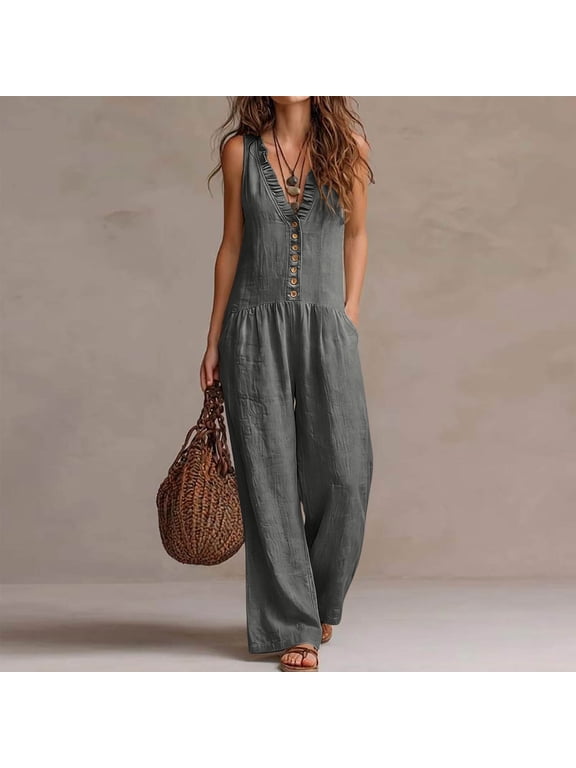 Linen Jumpsuits for Women Ruffled V-Neck Button Front Sleeveless Jumpsuit with Pockets Comfy Loose Breathable Summer Casual Wide Leg Romper
