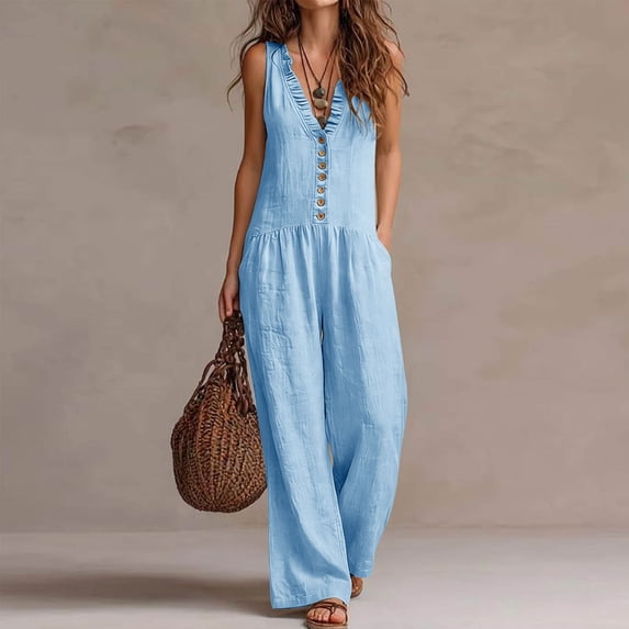 Hvogkswy Linen Jumpsuits for Women Ruffled V-Neck Button Front Sleeveless Jumpsuit with Pockets Comfy Loose Breathable Summer Casual Wide Leg Romper