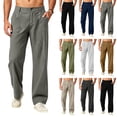 thumbnail image 1 of Hvogkswy Linen Pants Men Button Zipper Closure Loose Fitted Straight Ankle Pants with Pockets Lightweight Comfy Outdoor Hiking Pants, 1 of 8