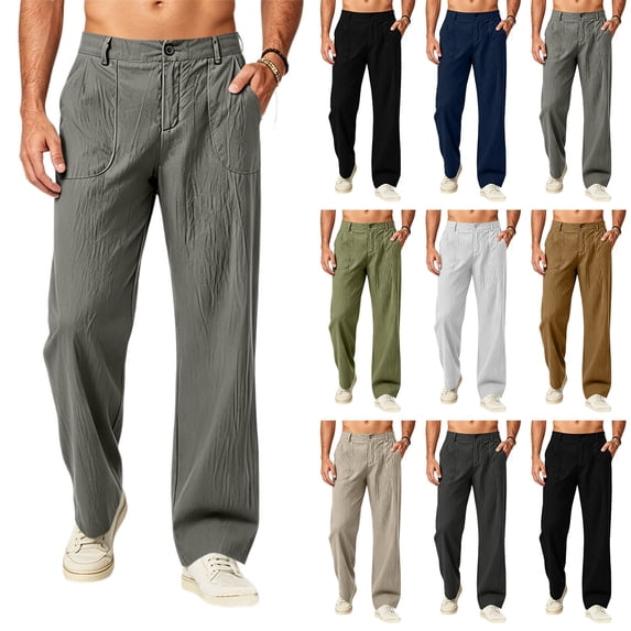 Hvogkswy Linen Pants Men Button Zipper Closure Loose Fitted Straight Ankle Pants with Pockets Lightweight Comfy Outdoor Hiking Pants