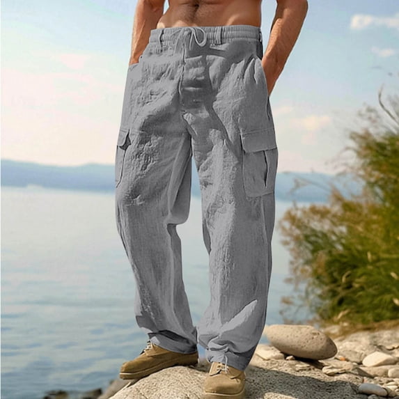 Hvogkswy Linen Pants Men Drawstring Elastic Waist Cargo Pants with Multiple Pockets Loose Comfy Outdoor Hiking Vacation Summer Casual Pants