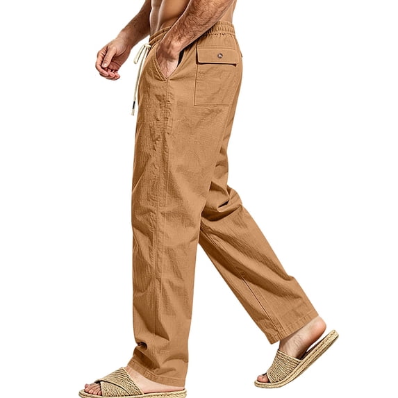 Hvogkswy Linen Pants Men, Solid Drawstring Elastic High Waist Casual Long Pants with Pockets Thin Breathable Home Vacation Linen Pants