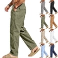 thumbnail image 1 of Hvogkswy Linen Pants Men, Solid Drawstring Elastic High Waist Casual Long Pants with Pockets Thin Breathable Home Vacation Linen Pants, 1 of 7