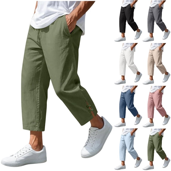 Hvogkswy Linen Pants Men Solid Drawstring Elastic Waist Loose Straight Cropped Pants with Pockets Casual Summer Outdoor Hiking Pants