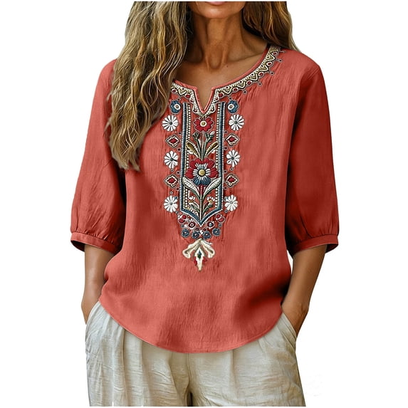 Hvogkswy Linen Shirts for Women, Embroidery Print V Neck 3/4 Long Sleeve Tops Soft Loose Lightweight Breathable Summer Daily & Beach Casual Shirts