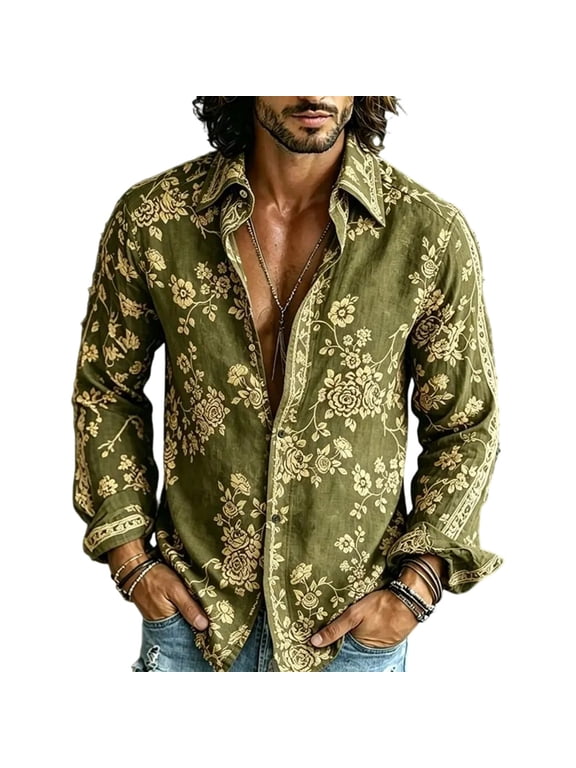 Long Sleeve Shirts for Men Vintage Floral Lapel Button Down Casual Shirts Lightweight Bohe Beach Shirt S-3XL