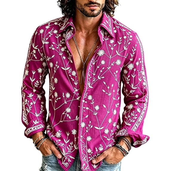 Hvogkswy Long Sleeve Shirts for Men Vintage Floral Lapel Button Down Casual Shirts Lightweight Bohe Beach Shirt S-3XL