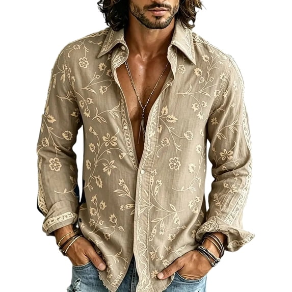 Hvogkswy Long Sleeve Shirts for Men Vintage Floral Lapel Button Down Casual Shirts Lightweight Bohe Beach Shirt S-3XL