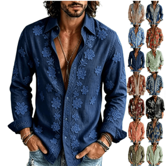 Hvogkswy Long Sleeve Shirts for Men Vintage Floral Lapel Button Down Casual Shirts Lightweight Bohe Beach Shirt S-3XL