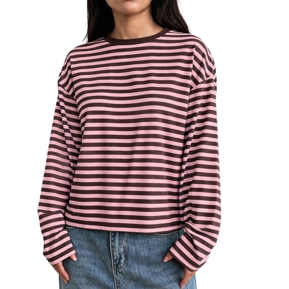 Hvogkswy Long Sleeve Shirts for Women Trendy Crewneck Cropped Striped T Shirt Loose Casual Pullover Blouses