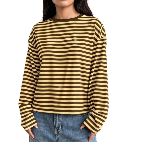 Hvogkswy Long Sleeve Shirts for Women Trendy Crewneck Cropped Striped T Shirt Loose Casual Pullover Blouses
