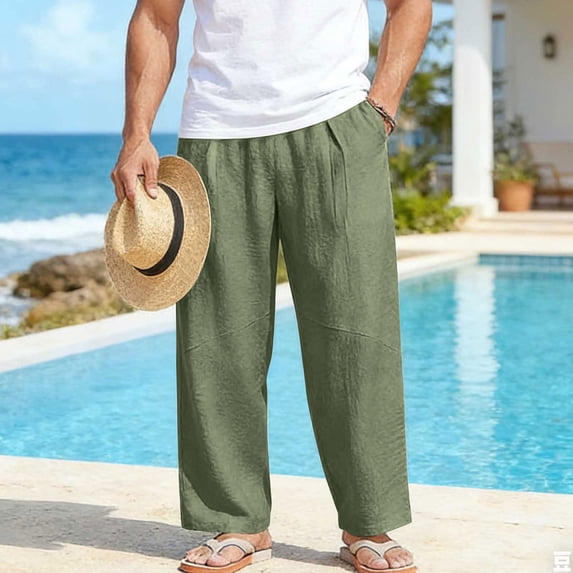 Hvogkswy Men's Pants Solid Color Drawstring Elastic Waist Pants with Pockets Loose Breathable Travel Vacation Summer Casual Beach Trousers
