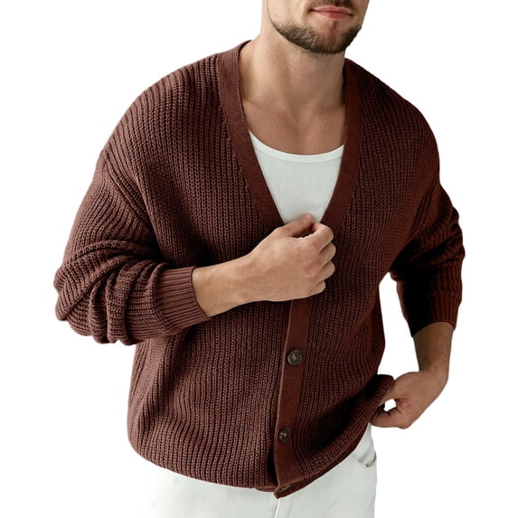 Hvogkswy Mens Cardigan Sweater Solid Long Sleeve V-Neck Casual Thermal Sweater Soft Comfy Button Down Knit Cardigan