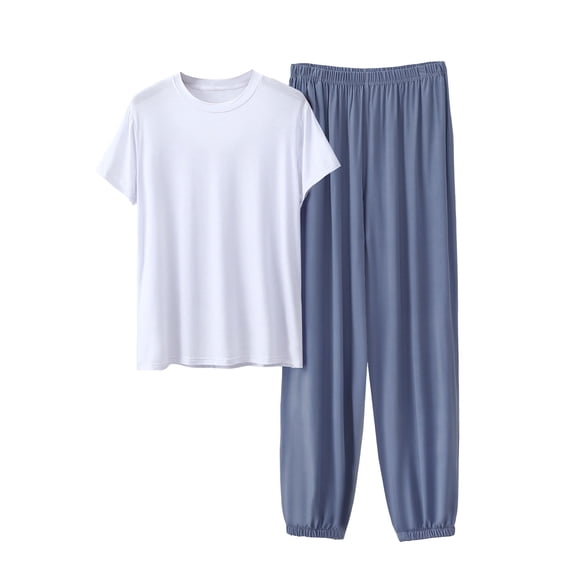 Hvogkswy Mens Casual Lounge Pajamas Set Solid Short Sleeve Crewneck Sleepwear Long Pajama Pants Soft Comfy Pjs Sets for Big&Tall Men