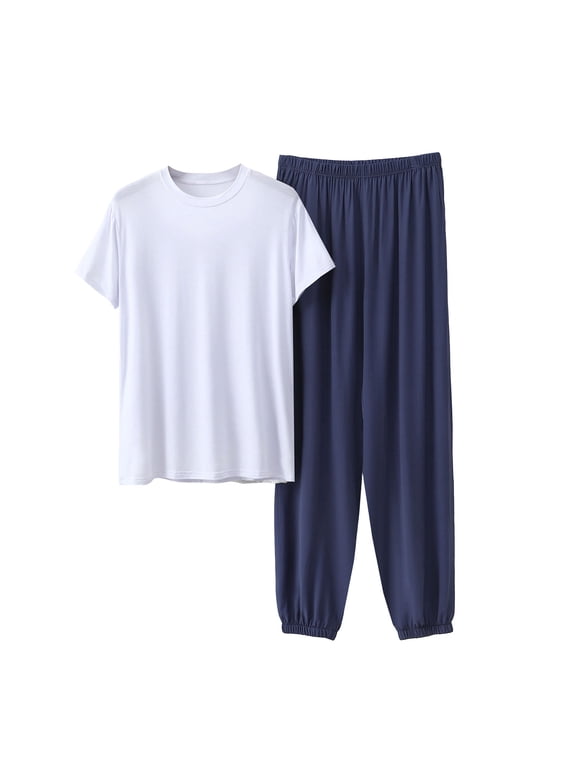 Mens Casual Lounge Pajamas Set Solid Short Sleeve Crewneck Sleepwear Long Pajama Pants Soft Comfy Pjs Sets for Big&Tall Men