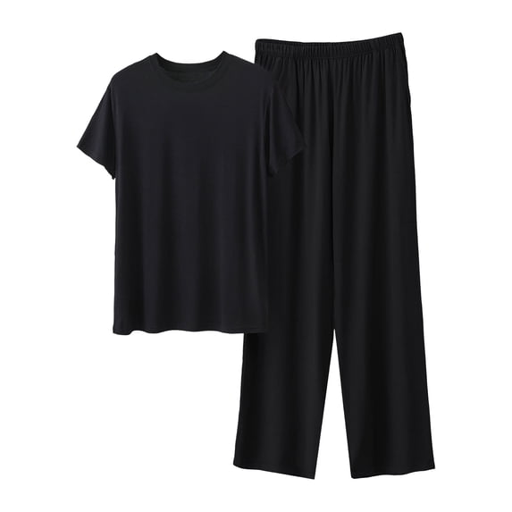 Hvogkswy Mens Casual Lounge Pajamas Set Solid Short Sleeve Crewneck Sleepwear Long Pajama Pants Soft Comfy Pjs Sets for Big&Tall Men