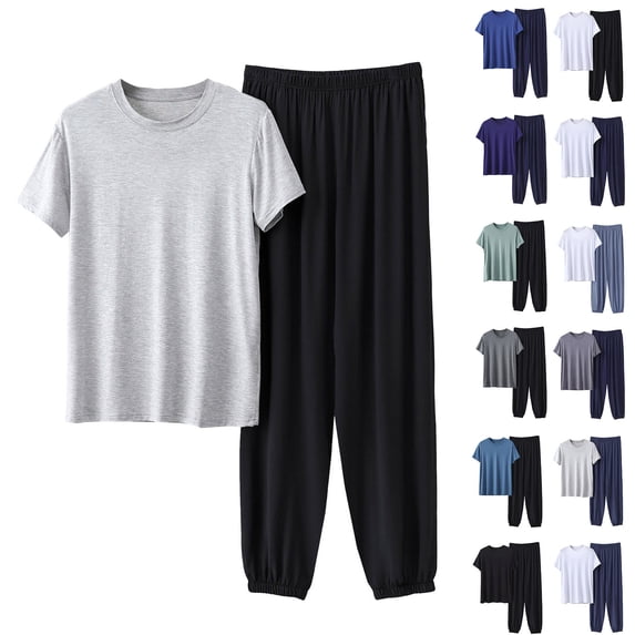 Hvogkswy Mens Casual Lounge Pajamas Set Solid Short Sleeve Crewneck Sleepwear Long Pajama Pants Soft Comfy Pjs Sets for Big&Tall Men