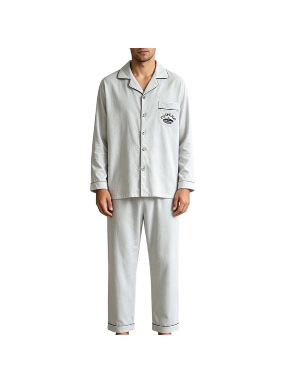 Mens Cotton Pajamas Set Long Sleeve Button Sleepwear with 3 Pockets Loose Long Pajama Pants Comfy Light Pjs Sets