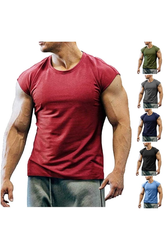 Mens T-Shirts Solid Color Crew Neck 1/4 Sleeve Muscle T-Shirt Lightweight Fast-Drying Workout Running Summer Casual Big&Tall Tank Top
