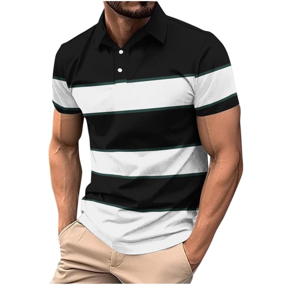Hvogkswy Mens T-shirts Striped Print Short Sleeve Lapel Neck Button Half Shirts Comfortable Breathable Daily Streetwear Summer Casual Tops