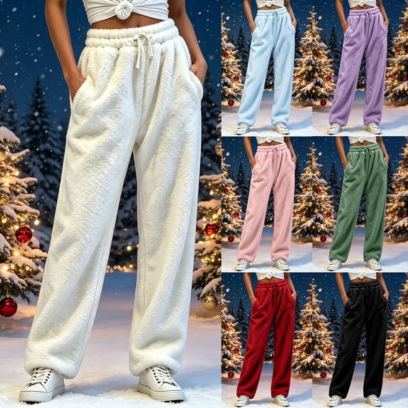 Hvogkswy Pajama Pants Women Comfy Solid Christmas Pajama Bottoms Winter Warm Fleece Fuzzy Sleep Pants S-2XL