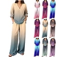 thumbnail image 1 of Hvogkswy Pajamas for Women Set Long Sleeve V Neck Tops and Drawstring Pockets Trousers Oversized 2 Piece Outfits Lightweight Breathable Casual Lounge Sets, 1 of 6
