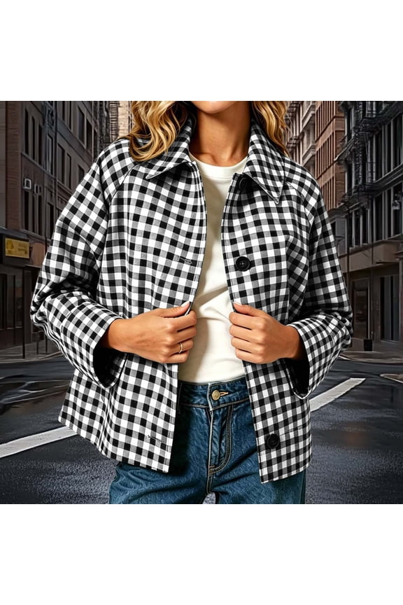 Plaid Jackets for Women Button Down Cropped Jacket Casual Loose Lapel Long Sleeve lightweight Jacket