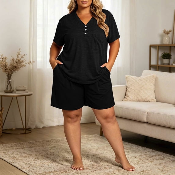 Hvogkswy Plus Size Pajamas for Women Set Solid V Neck Short Sleeve Sleepwear Drawstring Wide Leg Shorts Soft Comfy Loungewear Sets with Pockets XL-5XL