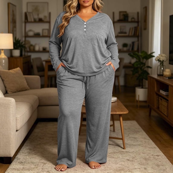 Hvogkswy Plus Size Pajamas for Women Set Solid V Neck Long Sleeve Sleepwear Drawstring Wide Leg Pants Soft Comfy Loungewear Sets with Pockets XL-5XL