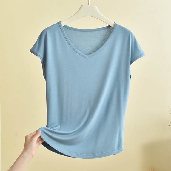 Hvogkswy Plus Size Pajamas for Women Solid V Neck Short Sleeve Sleepwear T-Shirt Thin Breathable Loose Casual Home Tops