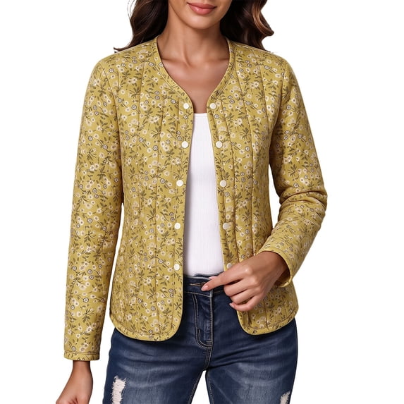 Hvogkswy Quilted Jackets for Women Trendy Floral Print Long Sleeve Button Down Outerwear Winter Warm Cotton Lightweight Down Jackets