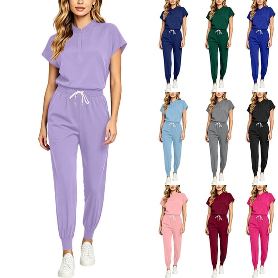 Hvogkswy Scrubs for Women Set Crew Neck Short Sleeve Top Elastic Drawstring Waist Tapered Pants Nurse Uniform Scrub Sets