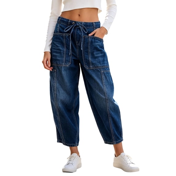 Hvogkswy Straight Leg Jeans for Women Fashion Drawstring Low Rise Jeans Comfy Stretchy Washed Denim Pants with Pockets