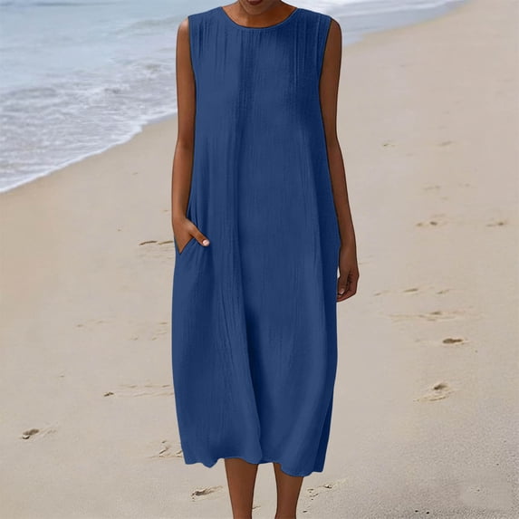 Hvogkswy Summer Dresses for Women, Solid Color Crew Neck Sleeveless Midi Dress with Pockets Loose FLowy Vacation Outdoor Casual Tank Dress