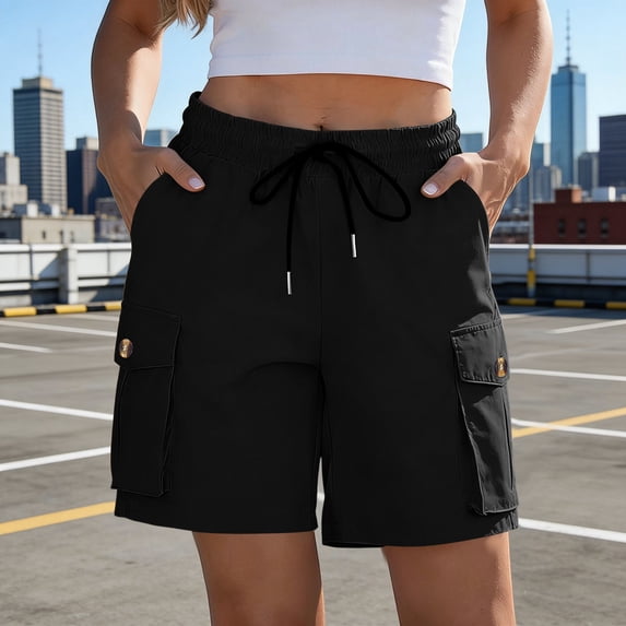 Hvogkswy Summer Womens Cargo Shorts Knee Length Bermuda Shorts Solid Drawstring Pockets Casual Outdoor Hiking Shorts