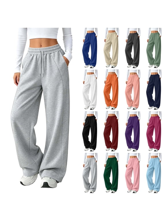 Sweatpants Women Elastic High Waist Wide Leg Sweatpants Drawstring Loose Flowy Trousers with Side Pockets Comfy Casual Workout Pants