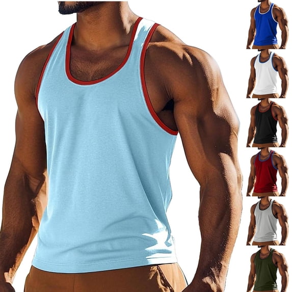 Hvogkswy Tank Tops Men, Color Panel Sleeveless Crew Neck Muscle Shirts Outdoor Workout Running Summer Sports Tank Tops