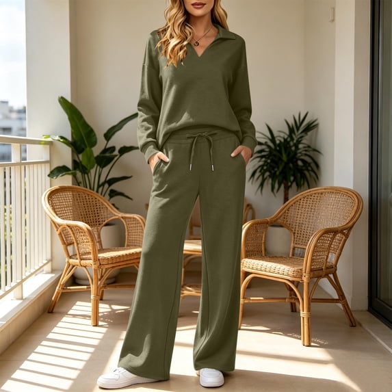 Hvogkswy Two Piece Sets for Women Long Sleeve Lapel Tops and Drawstring Pockets Trousers Solid Loose Fitted Soft Comfy Fall Casual Lounge Sets