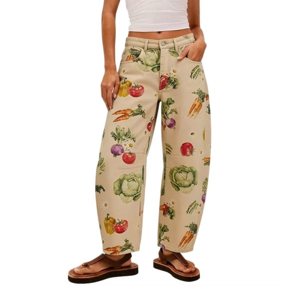 Hvogkswy Wide Leg Jeans for Women Trendy Mid-Rise Waisted Loose Stretchy Jeans Bohemian Floral Denim Pants with Pockets