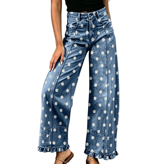Hvogkswy Wide Leg Jeans for Women Trendy Polka Dot Light Wash Denim Pants Loose Stretchy Denim Pants with Ruffle Hem
