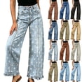 thumbnail image 1 of Hvogkswy Wide Leg Jeans for Women Trendy Polka Dot Light Wash Denim Pants Loose Stretchy Denim Pants with Ruffle Hem, 1 of 5