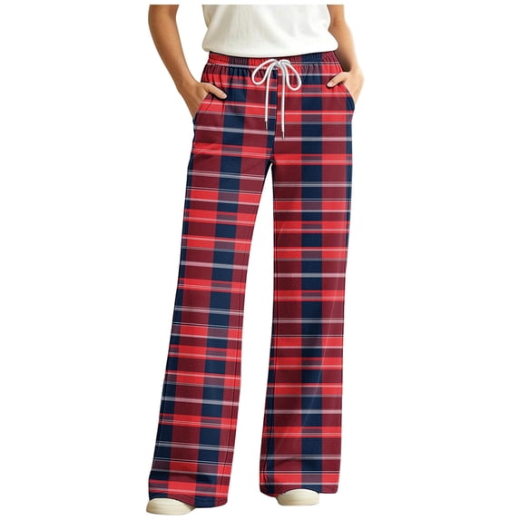 Hvogkswy Women Plaid Pajama Pants Loose Straight Wide Leg Lounge Pants Drawstring Elastic Waist Home Pajama Bottoms with Pockets