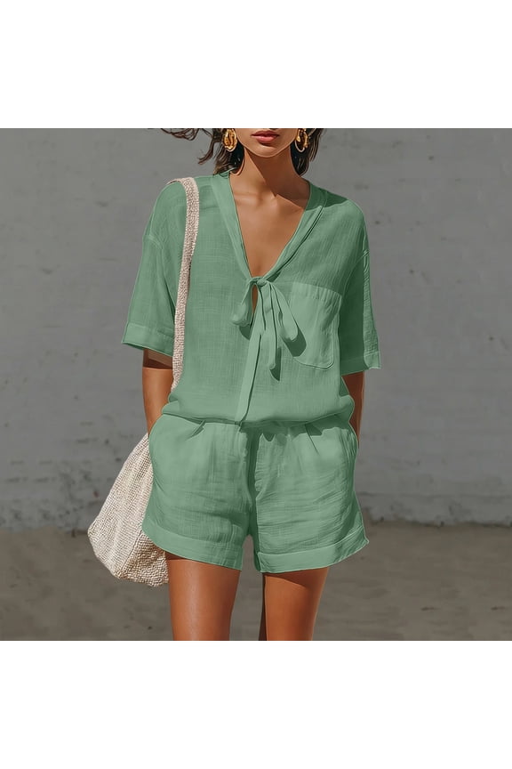 Women Two Piece Linen Sets, Solid Color Short Sleeve V-Neck Tops and Wide Leg Shorts with Pockets Loose Breathable Hawaiian Beach Vacation Summer Outdoor Casual Set